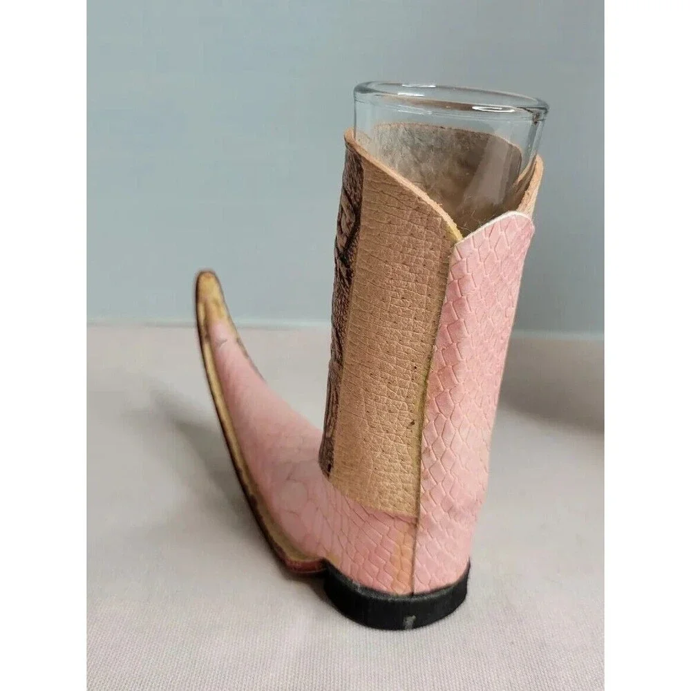 mexican mini leather wrapped boot tequila shots shaped like boot Pink And Brown